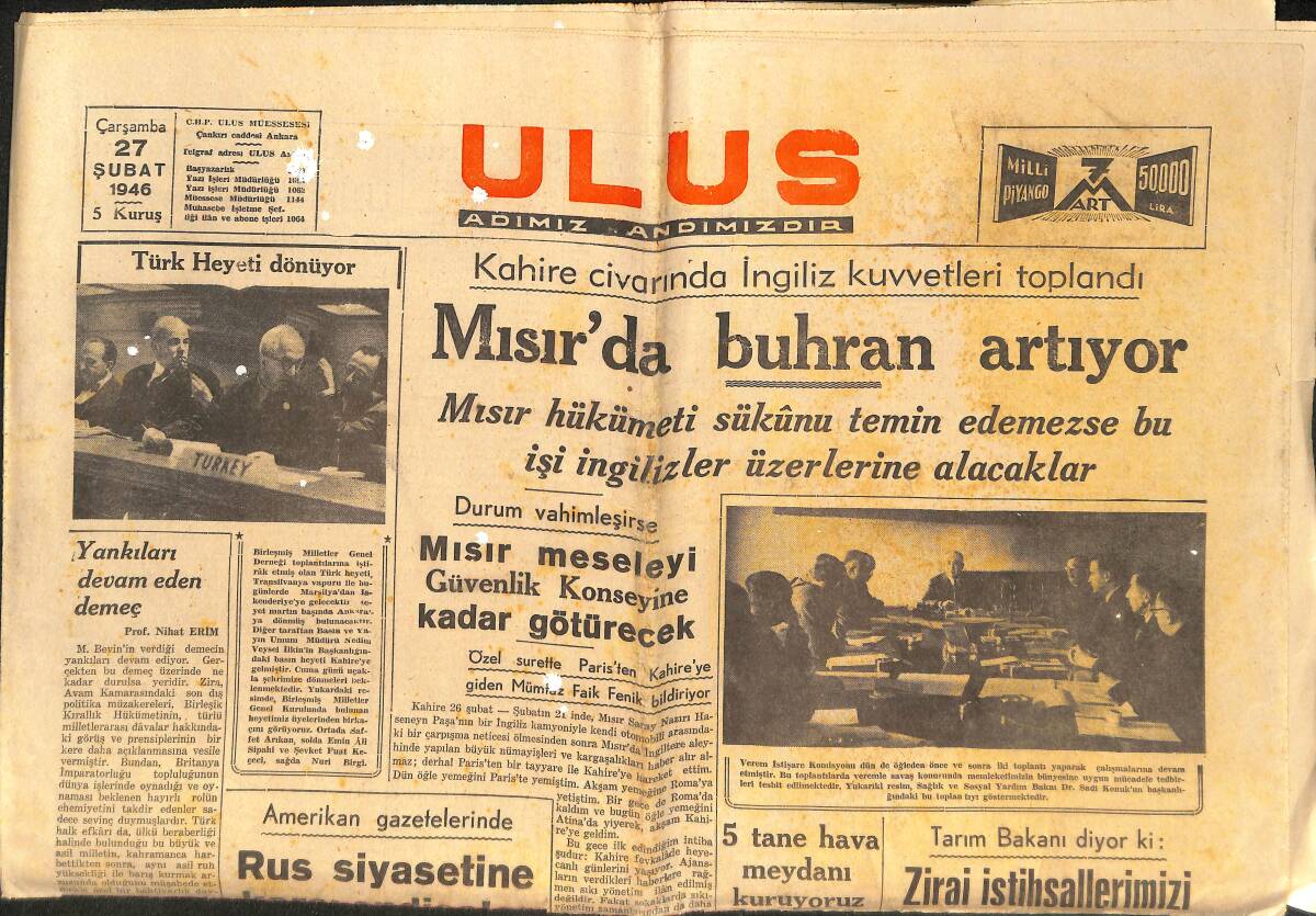 Ulus Gazetesi 27 Şubat 1946 - Mısır'da Buhran Artıyor - Bir Kısım Tekel Maddelerinin Fiyatı İndirilecek GZ146690 - 1