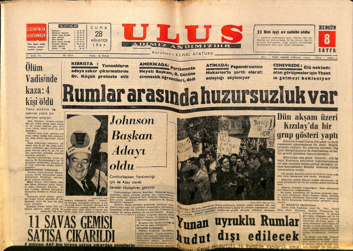 Ulus Gazetesi 28 Ağustos 1964 - Rumlar Arasında Huzursuzluk Var - Johnson Başkan Adayı Oldu GZ150661 - 1