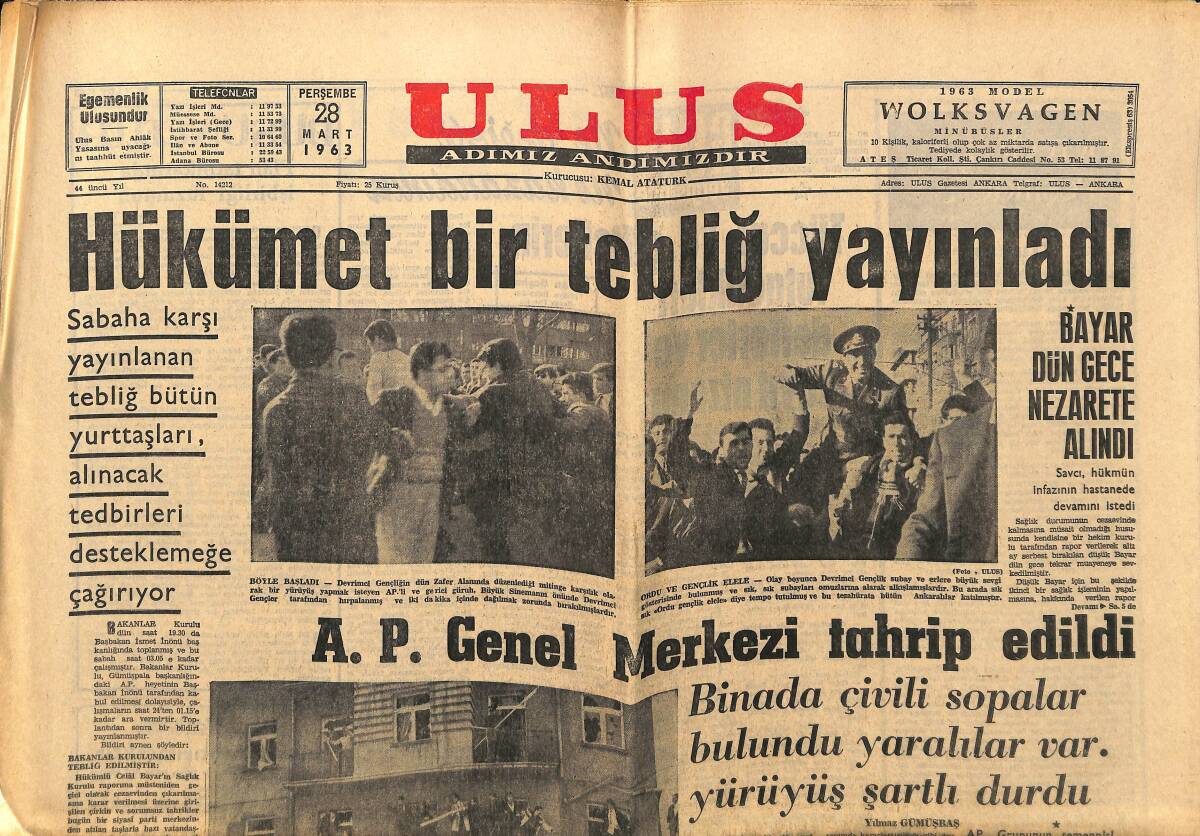 Ulus Gazetesi 28 Mart 1963 - AP Genel Merkezi Tahrip Edildi - Yeni Tıp Fakülteleri GZ148550 - 1