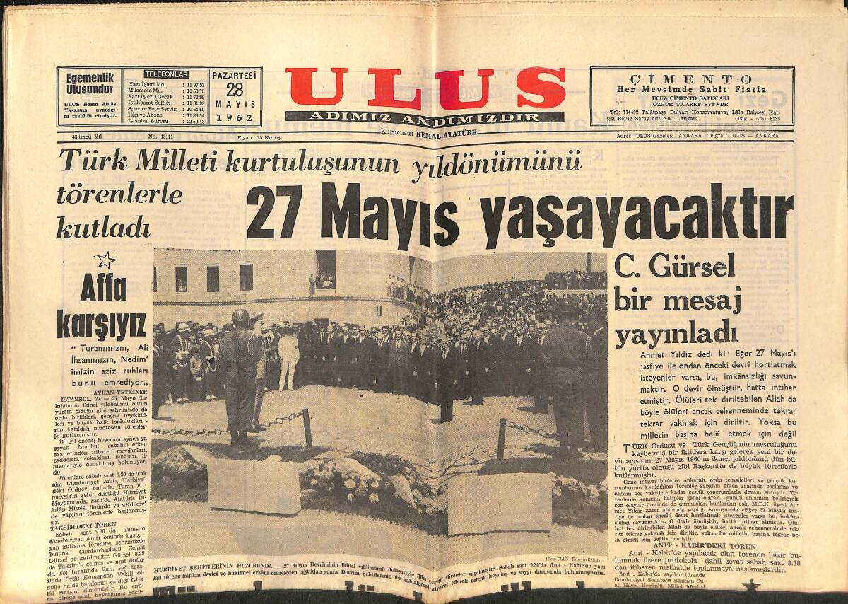 Ulus Gazetesi 28 Mayıs 1962 - Türkiye Bugün Bilfiil Atom Devrine Girmiş Bulunuyor - 27 Mayıs 1960 Kutlama Fotoğrafları GZ146860 - 1