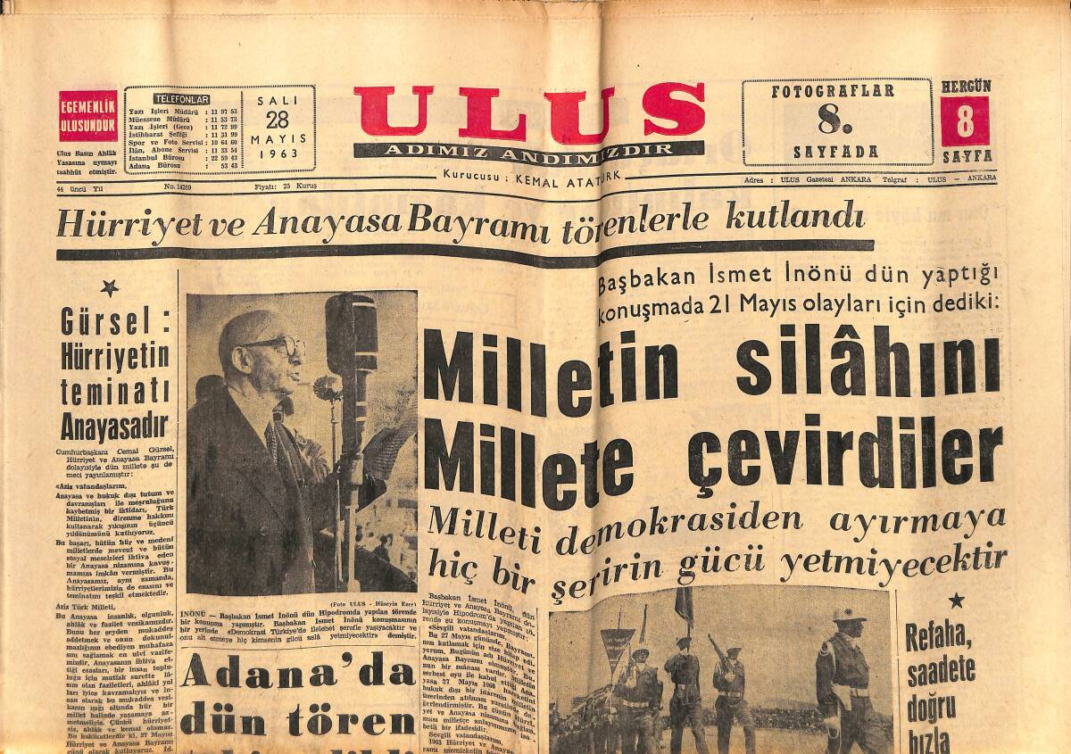 Ulus Gazetesi 28 Mayıs 1963 - Gürsel: Hürriyetin Teminatı Anayasadır - Milan Galatasaray'la Oynamak İstiyor GZ151468 - 1