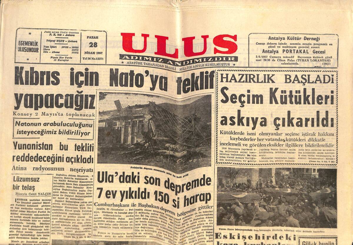 Ulus Gazetesi 28 Nisan 1957 - Kıbrıs İçin NATO'YA Teklif Yapacağız! - Sovyet Keman Virtüözü Oystrah Basın Toplantısı Yaptı! GZ146464 - 1