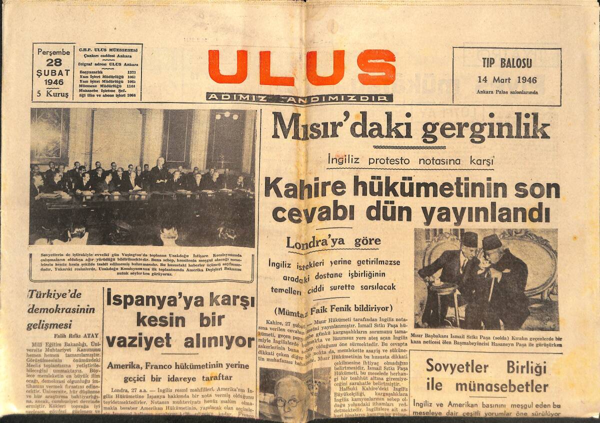 Ulus Gazetesi 28 Şubat 1946 - Almanya'da Rus İşgal Bölgesinin Sınırları Kapatıldı - Mısır'daki Gerginlik GZ146674 - 1
