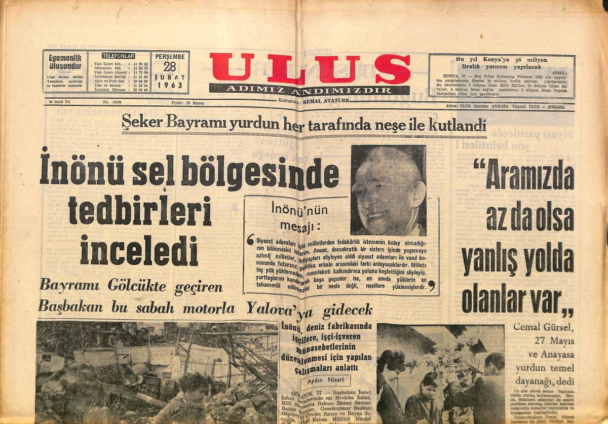 Ulus Gazetesi 28 Şubat 1963 - Adana'da 18 Köy Sular Altında Kaldı - Siirt'te Bir Petrol Damarı Bulundu GZ150690 - 1