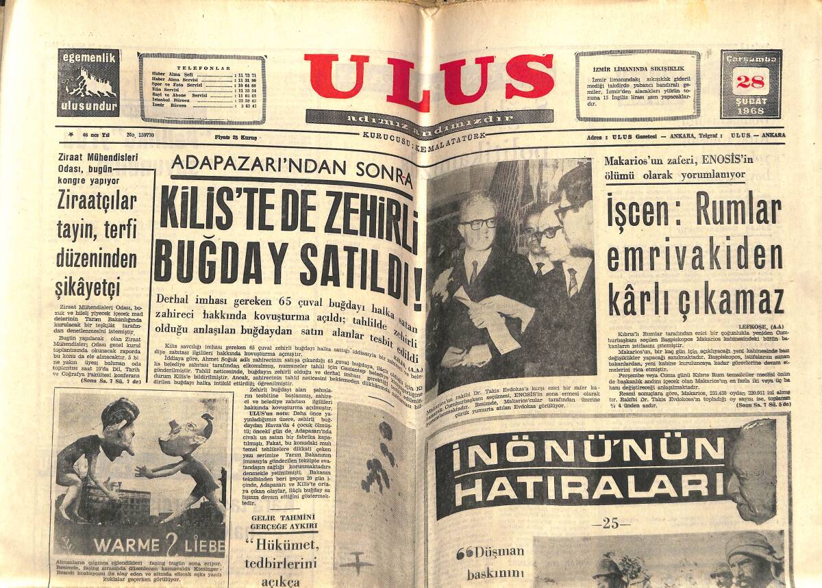 Ulus Gazetesi 28 Şubat 1968 - İnönü'nün Hatıraları - Brigitte Bardot Eşi İle GZ143271 - 1