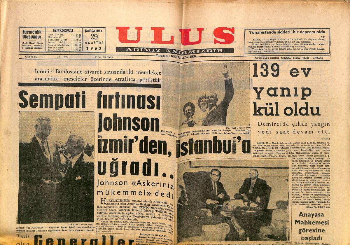 Ulus Gazetesi 29 Ağustos 1962 - Sempati Fırtınası Johnson İzmir'den İstanbul'a Uğradı - Korede Sel Felaketi GZ150590 - 1