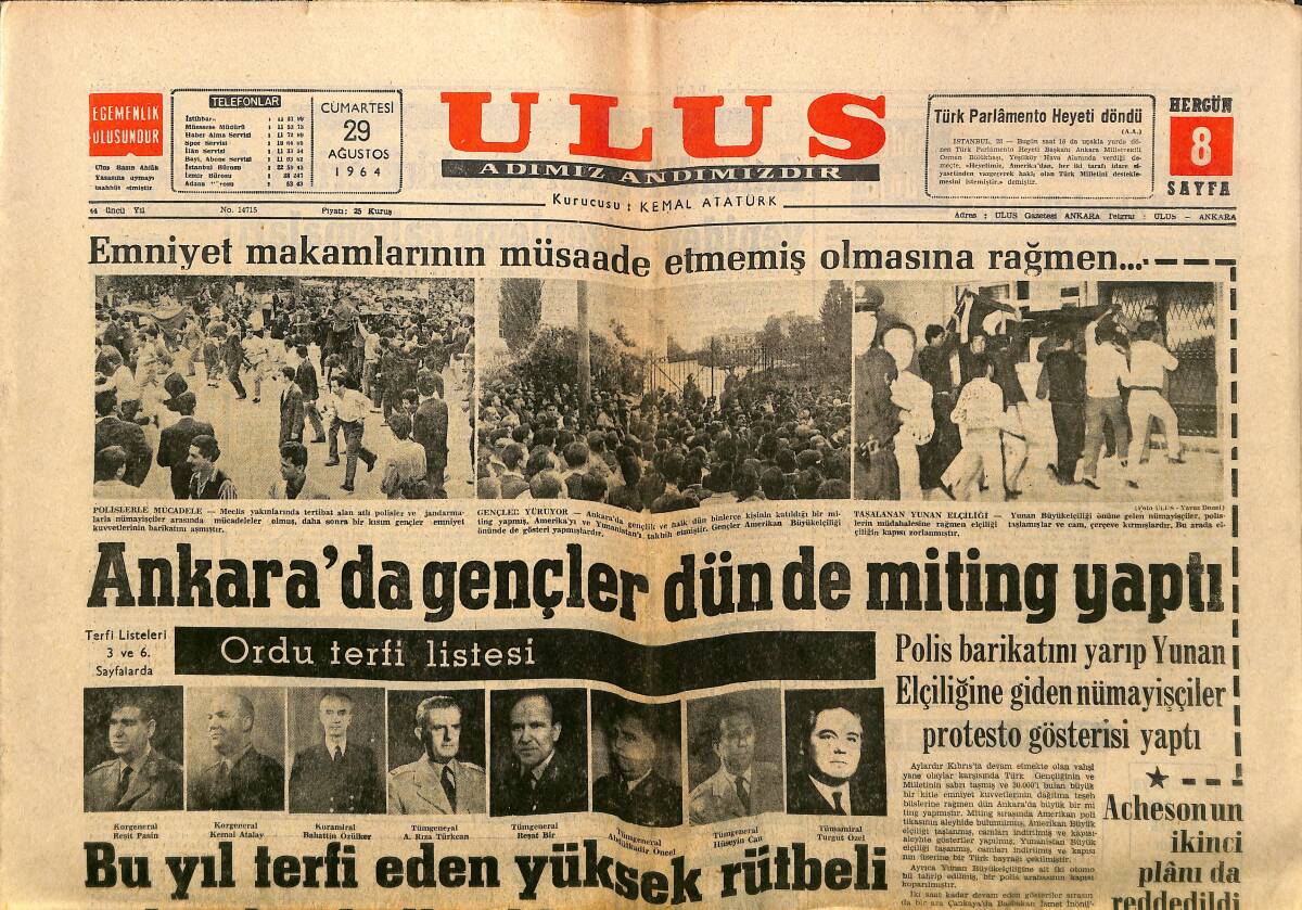 Ulus Gazetesi 29 Ağustos 1964 - Ankara'da Gençler Dün de miting Yaptı - Güney Vietnam'da Hükümet Darbesi İhtimali Büyüyor GZ150662 - 1