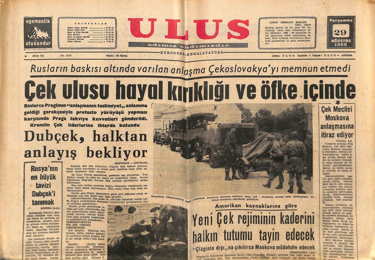 Ulus Gazetesi 29 Ağustos 1968 - Moskova Anlaşmasının Bilançosu - Çek Ulusu Hayal Kırıklığı Ve Öfke İçinde GZ151600 - 1