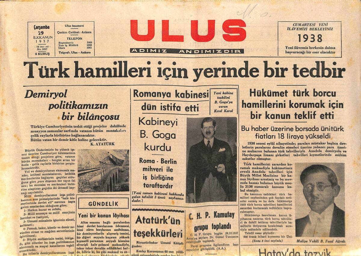 Ulus Gazetesi 29 Aralık 1937 - Atatürk'ün Teşekkürleri - 18 Sene Evvel Ankara'da Büyük Önderi Karşılarken GZ141391 - 1