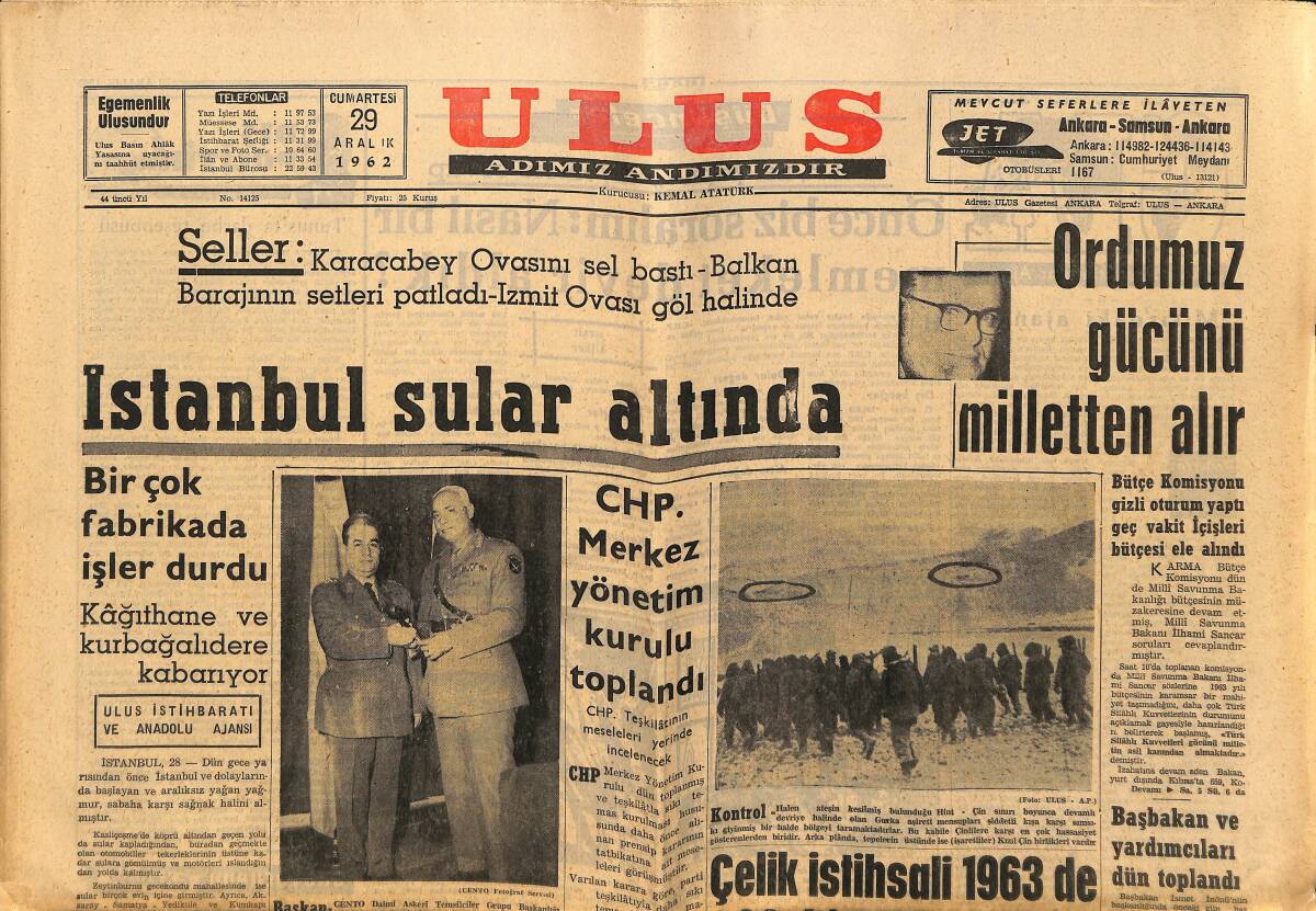 Ulus Gazetesi 29 Aralık 1962 - İstanbul Sular Altında - Galatasaray İzmir'e Metin'siz Gidiyor GZ148557 - 1