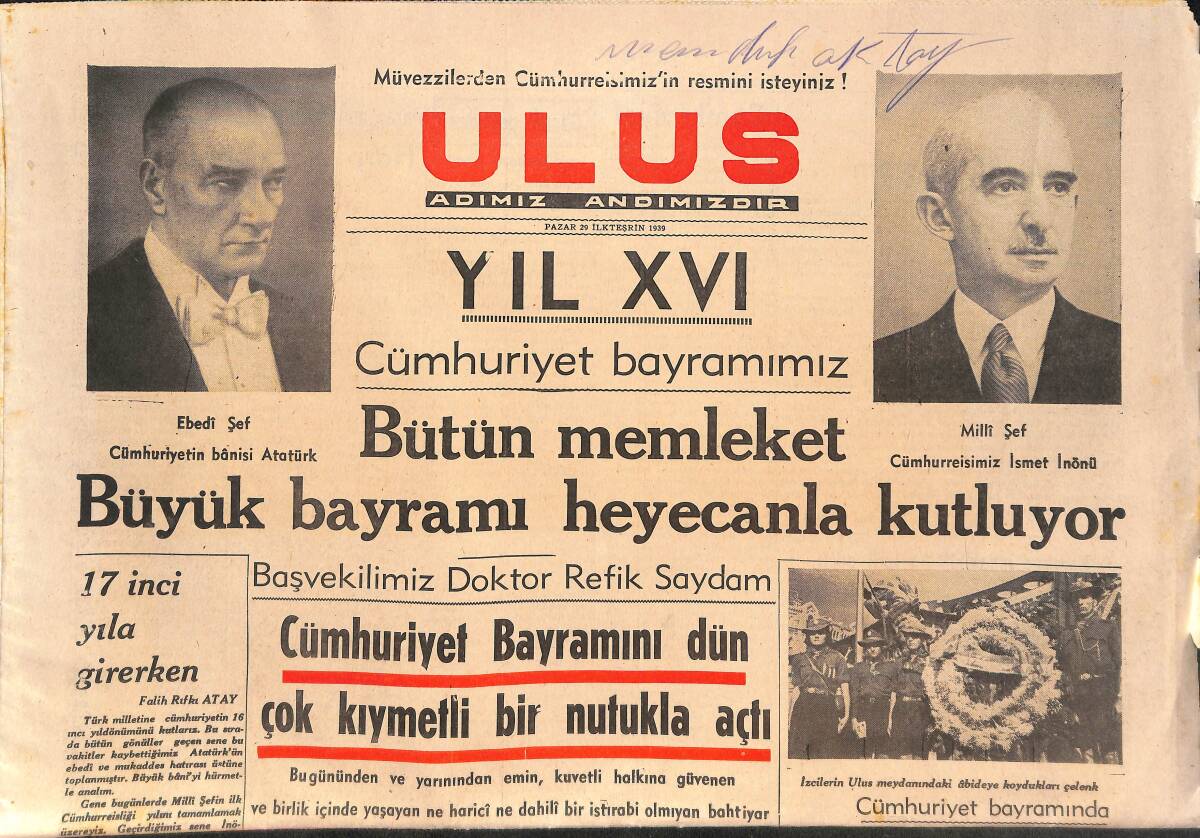 Ulus Gazetesi 29 Ekim 1939 - Doktor Refik Saydam , Cumhuriyet Bayramını Dün Çok Kıymetli Bir Nutukla Açtı GZ146704 - 1