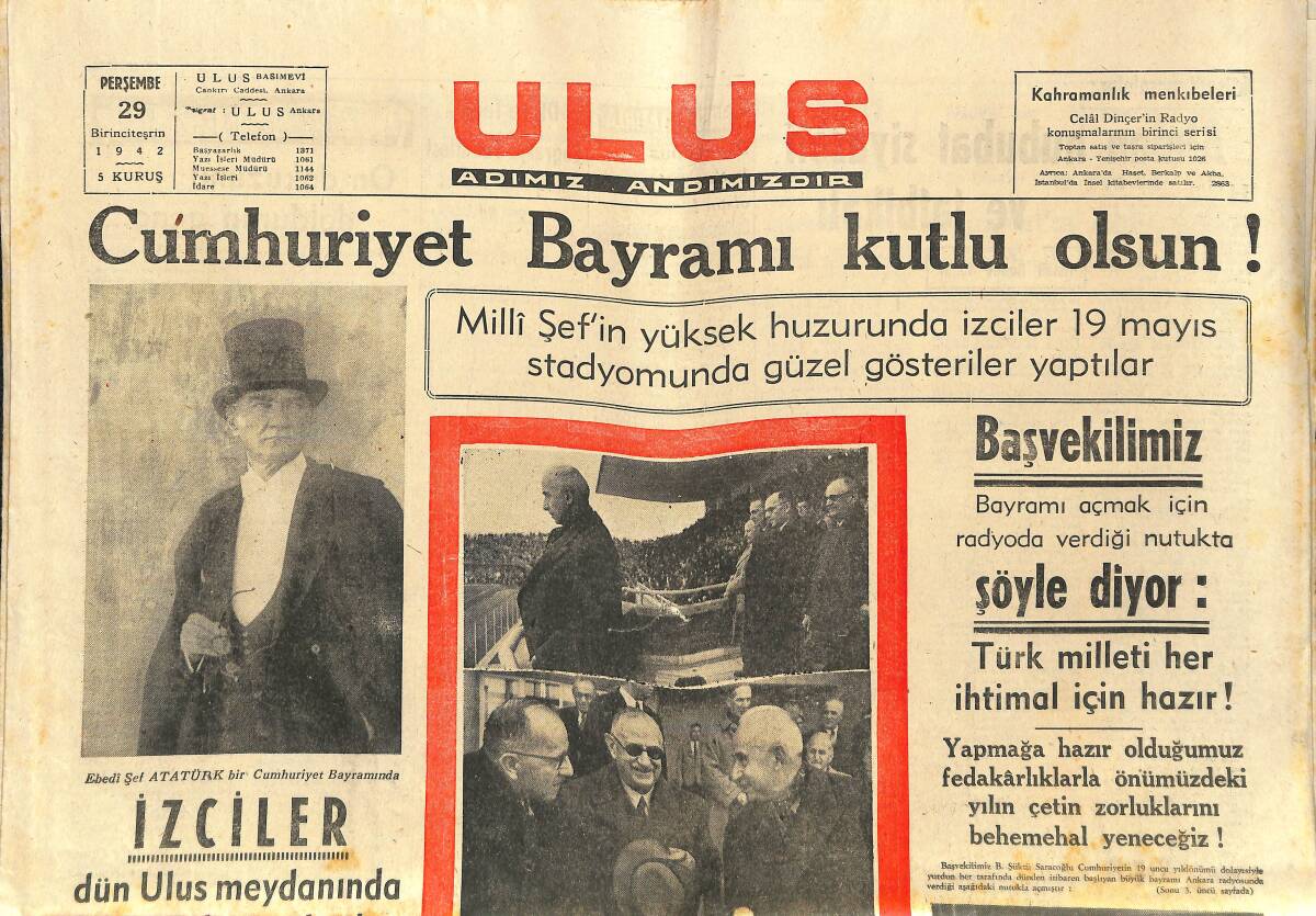 Ulus Gazetesi 29 Ekim 1942 - Cumhuriyet Bayramı Kutlu Olsun - Almanların Taarruzu Şiddetlendi - Pasifik'te Bir Çok Japon Harp Gemisi Batırıldı GZ141226 - 1