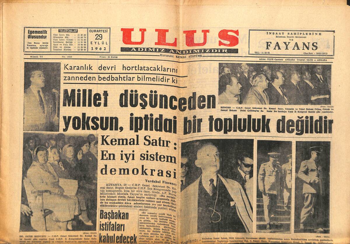 Ulus Gazetesi 29 Eylül 1962 - Zeki Müren Ankara Göl Gazinosu Afişi - Cemal Gürsel Dün Eskişehir Anıtını Açtı GZ147261 - 1