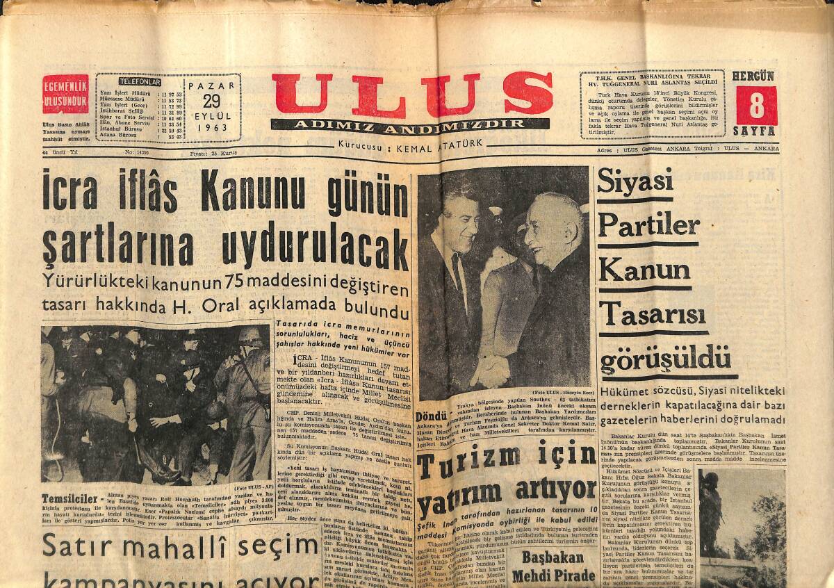 Ulus Gazetesi 29 Eylül 1963 - Efes'te Sokratın Portresi Bulundu - İcra İflâs Kanunu Günün Şartlarına Uydurulacak GZ147293 - 1