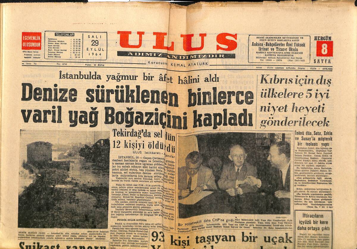 Ulus Gazetesi 29 Eylül 1964 - Keban Projesinin Finansmanı İle İlgili Toplantılara Başlandı - Cemal Tural Dün Erzurum'a Gitti GZ150618 - 1