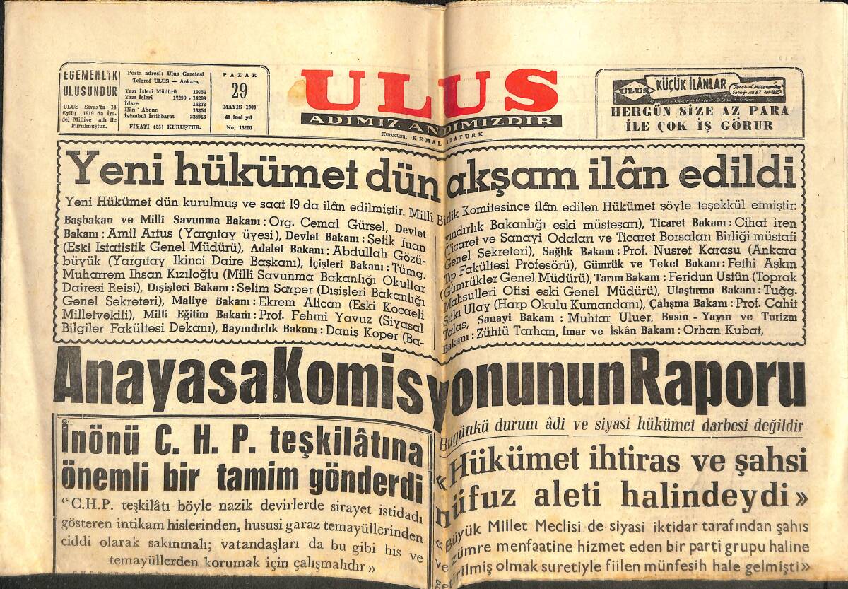 Ulus Gazetesi 29 Mayıs 1960 -Yeni Hükümet Dün Akşam İlan Edildi - Uşak Valisi Nezaret Altında Ankara'ya Sevkedildi GZ141919 - 1