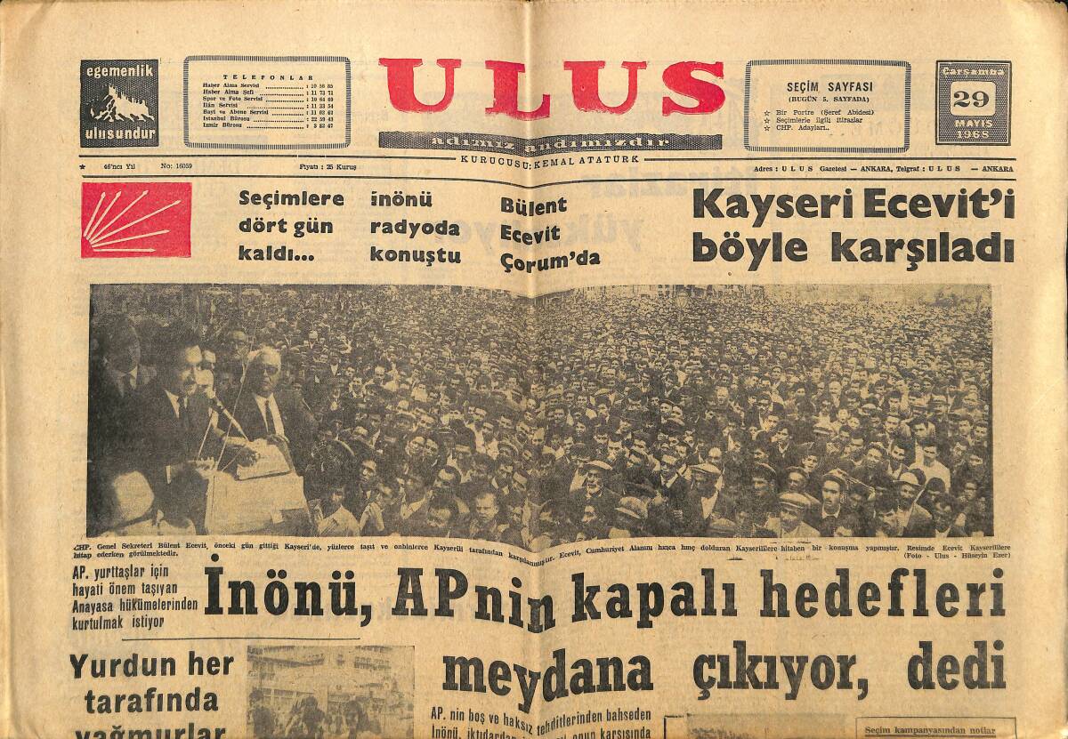 Ulus Gazetesi 29 Mayıs 1968 - İnönü , AP'nin Kapalı Hedefleri Meydana Çıkıyor , Dedi - 52 Yıllık Gazeteci Hakkı Unan Öldü GZ148467 - 1
