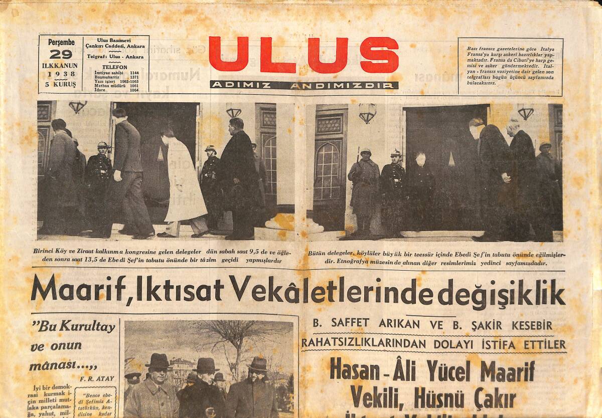 Ulus Gazetesi 29 Ocak 1938 - Maarif , İktisat Vekaletlerinde Değişiklik GZ146701 - 1