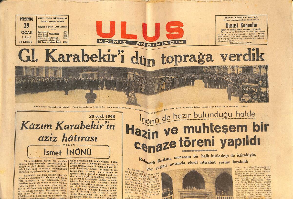 Ulus Gazetesi 29 Ocak 1948 - Kazım Karabekir'i Dün Toprağa Verdik - Marshall Fransa'yı Haklı Buluyor GZ146615 - 1