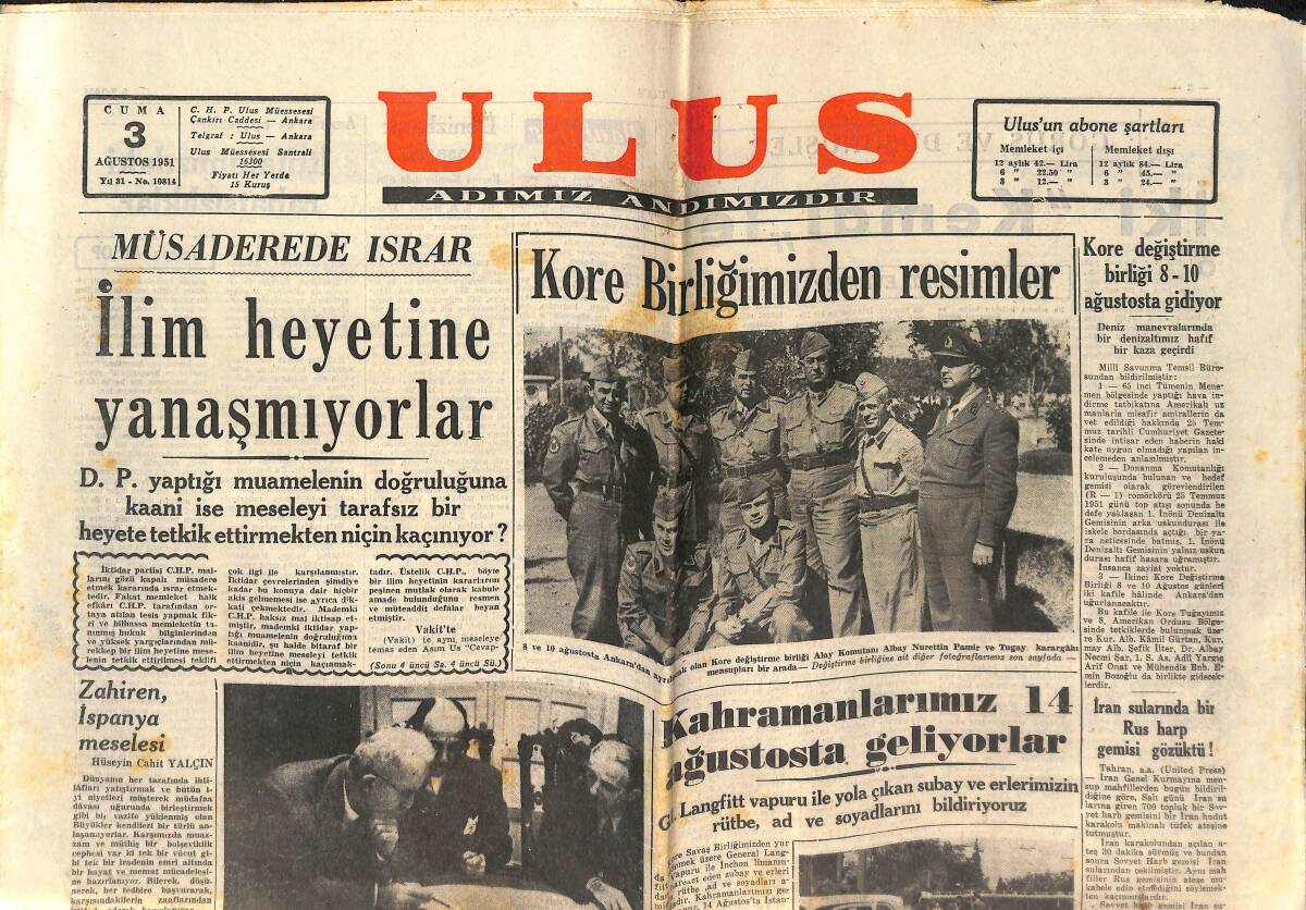 Ulus Gazetesi 3 Ağustos 1951 - Kore Birliğimizden Resimler - İlim Heyetine Yanaşmıyorlar GZ142515 - 1