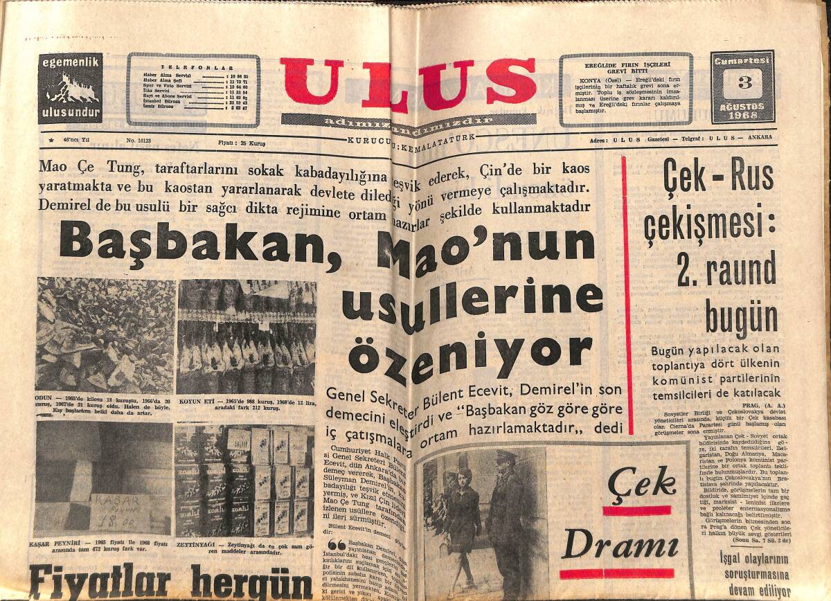 Ulus Gazetesi 3 Ağustos 1968 - Başbakan, Mao'nun Usullerine Özeniyor - Elizabeth Taylor-Richard Burton Ailesi Mi, Şirketi Mi GZ151595 - 1