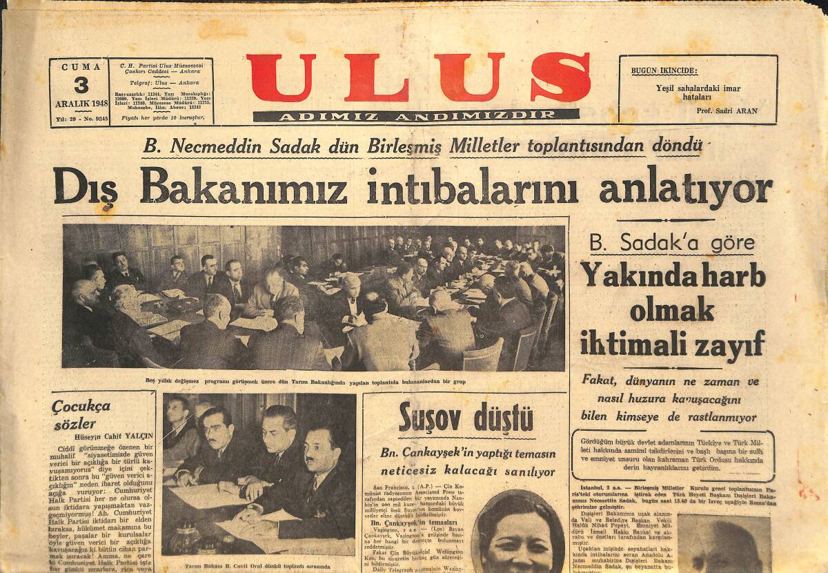 Ulus Gazetesi 3 Aralık 1948 - Batan Sinop Şilebinden Ancak 2 Kişi Kurtarıldı - Akaryakıt İstihlâkimiz Artıyor GZ143389 - 1