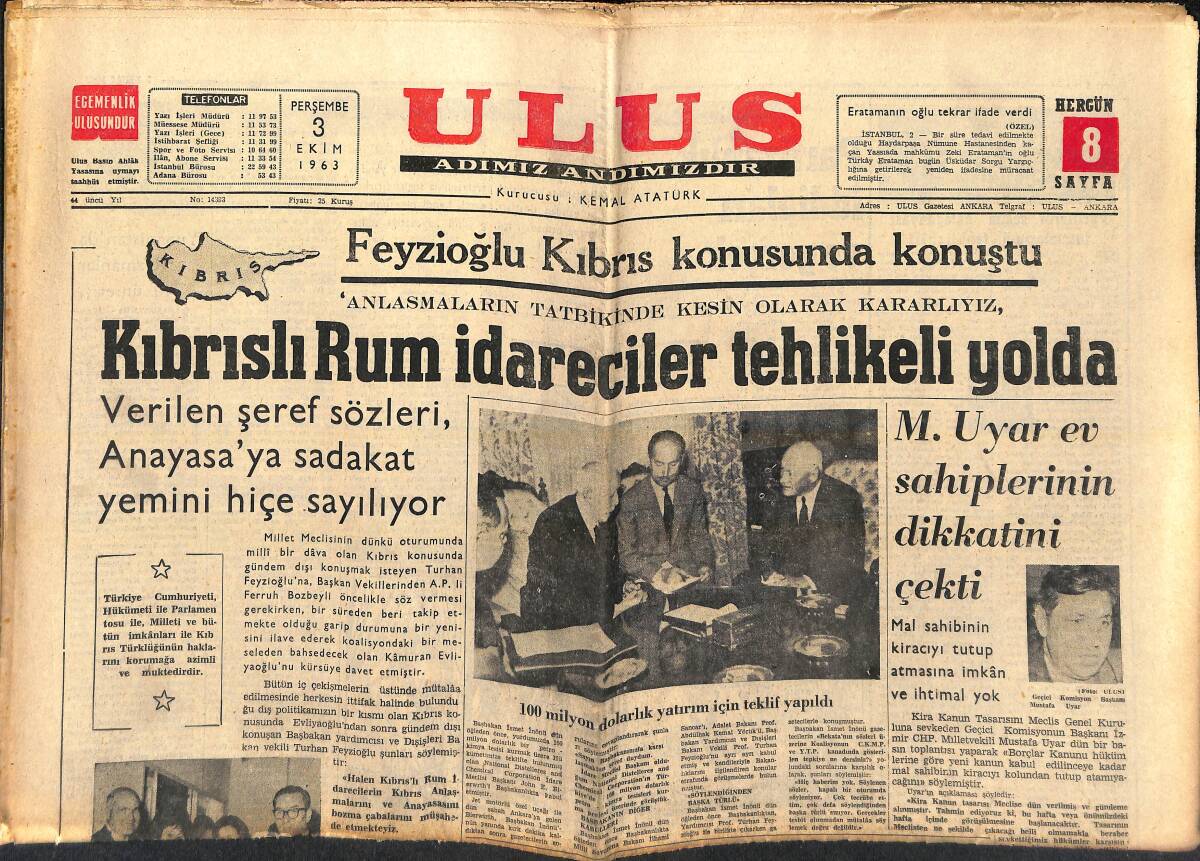 Ulus Gazetesi 3 Ekim 1963 - Kıbrıslı Rum İdareciler Tehlikeli Yolda - Galatasaray Beşiktaş'ı 3-0 Yendi GZ147248 - 1