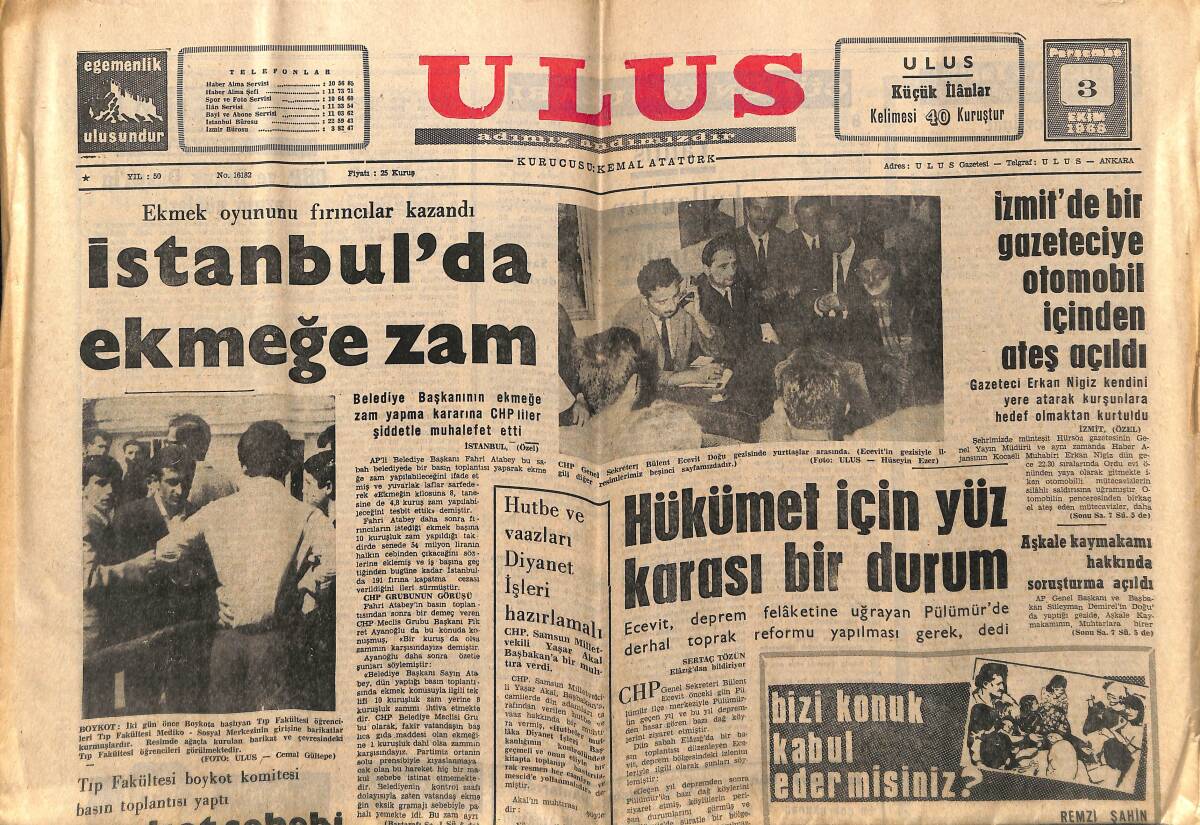 Ulus Gazetesi 3 Ekim 1968 - İstanbul'da Ekmeğe Zam - Fenerbahçe Kupada 2. Turda GZ152608 - 1