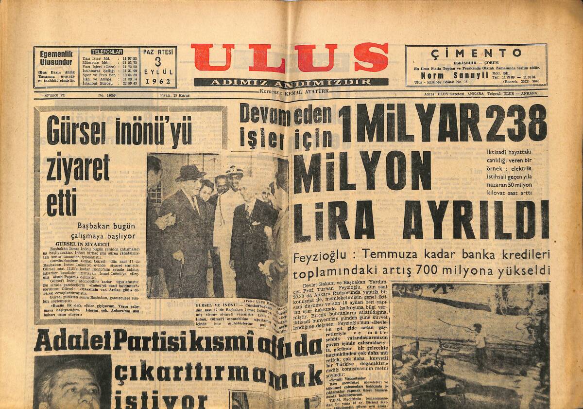 Ulus Gazetesi 3 Eylül 1962 - Gürsel İnönü'yü Ziyaret Etti - İran'da Deprem : Ölü Sayısı 2000'den Fazla GZ148461 - 1