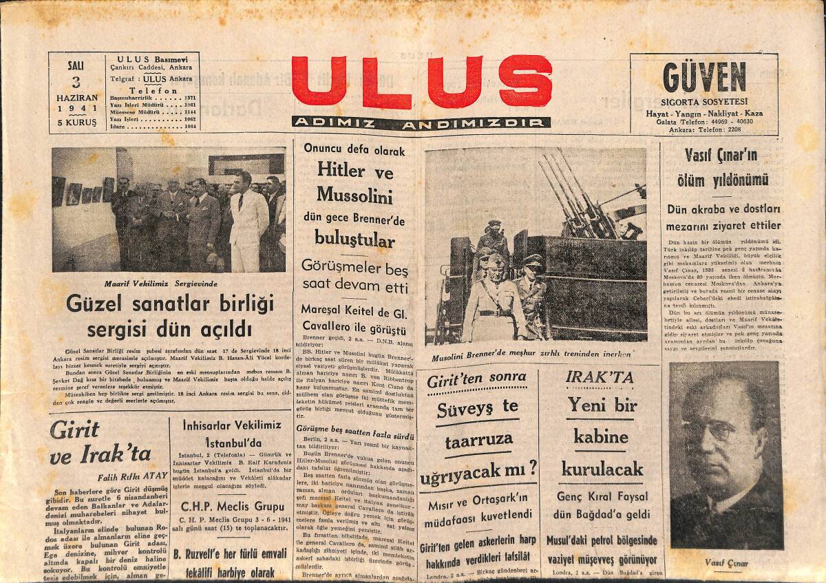 Ulus Gazetesi 3 Haziran 1941 - Vasıf Çınar'ın Ölüm Yıldönümü - Kıbrıs Tahkim Ediliyor GZ141109 - 1