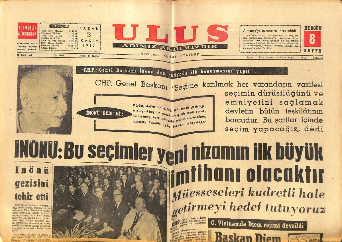 Ulus Gazetesi 3 Kasım 1963 - Başkan Diem İntihar Etti - İnönü Gezisini Tehir Etti GZ150273 - 1