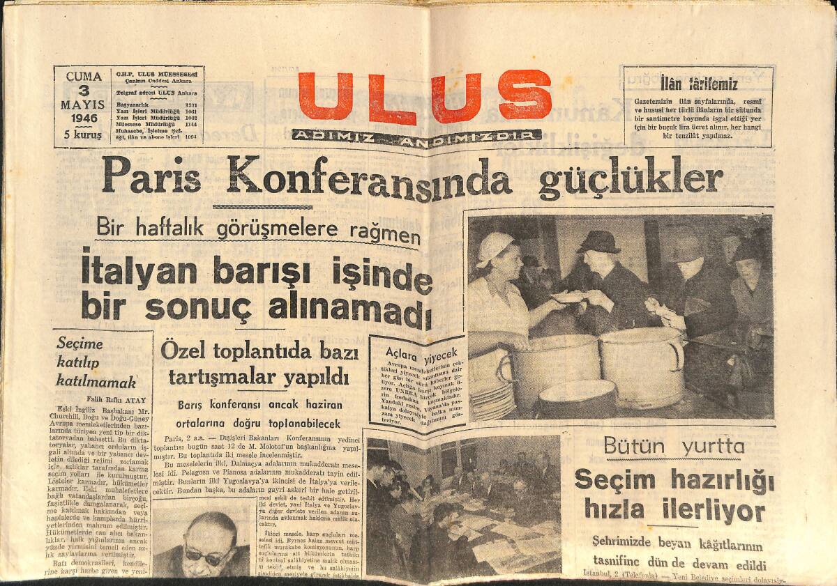 Ulus Gazetesi 3 Mayıs 1946 - İngilizler Filistin'in Kontrolü İçin Amerika'nın Yardımını İstiyorlar - Azerbaycan'ın Boşaltılması Tamamlandı GZ146814 - 1