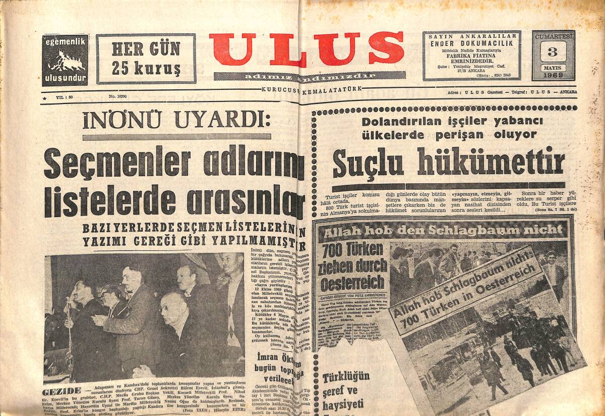 Ulus Gazetesi 3 Mayıs 1969 - Von Papen Vefat Etti - Express Gazetesi Neler Yazıyor ? GZ152713 - 1