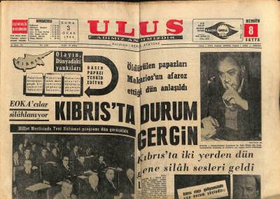 Ulus Gazetesi 3 Ocak 1964 - Öldürülen Papazları Makariosun Afaroz Ettiği Dün Anlaşıldı GZ90383 - 1