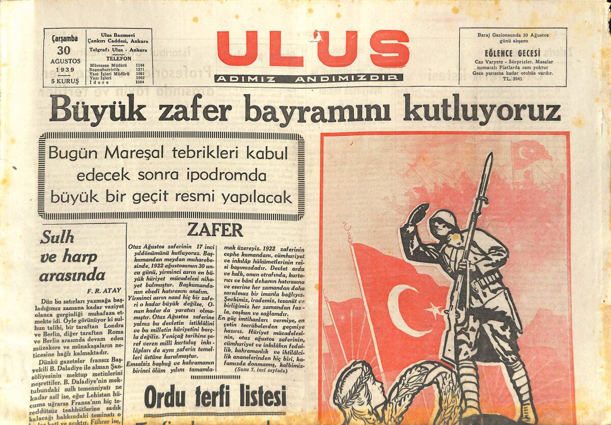 Ulus Gazetesi 30 Ağustos 1939 - Büyük Zaferi Kutluyoruz - Türk Hava Kurumu Beyannamesi - Ordu Terfi Listesi GZ146846 - 1