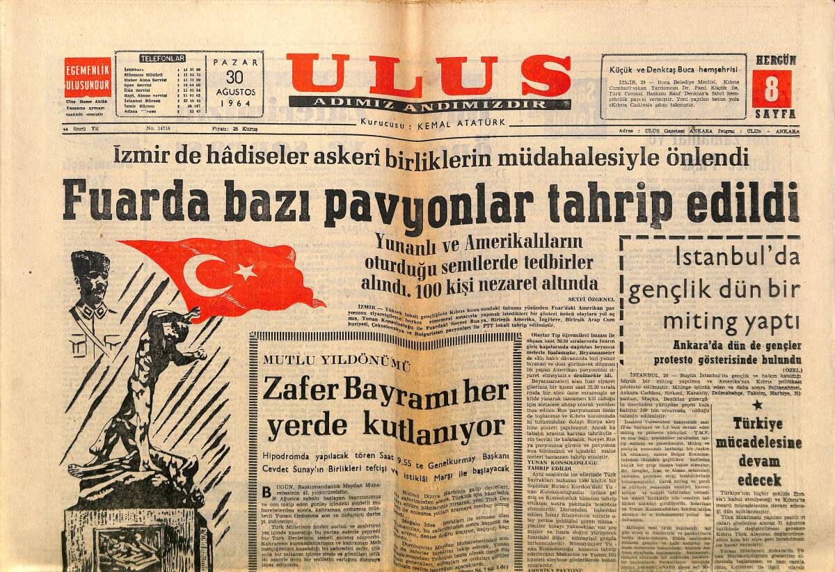 Ulus Gazetesi 30 Ağustos 1964 - Genel Kurmay'da Toplantı Yapıldı - Türkiye Mücadelesine Devam Edecek GZ150663 - 1