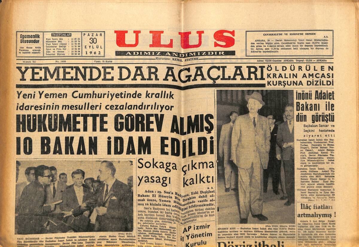 Ulus Gazetesi 30 Eylül 1962 - Yemende Dar Ağaçları - Hükümette Görev Almış 10 Bakan İdam Edildi GZ148588 - 1