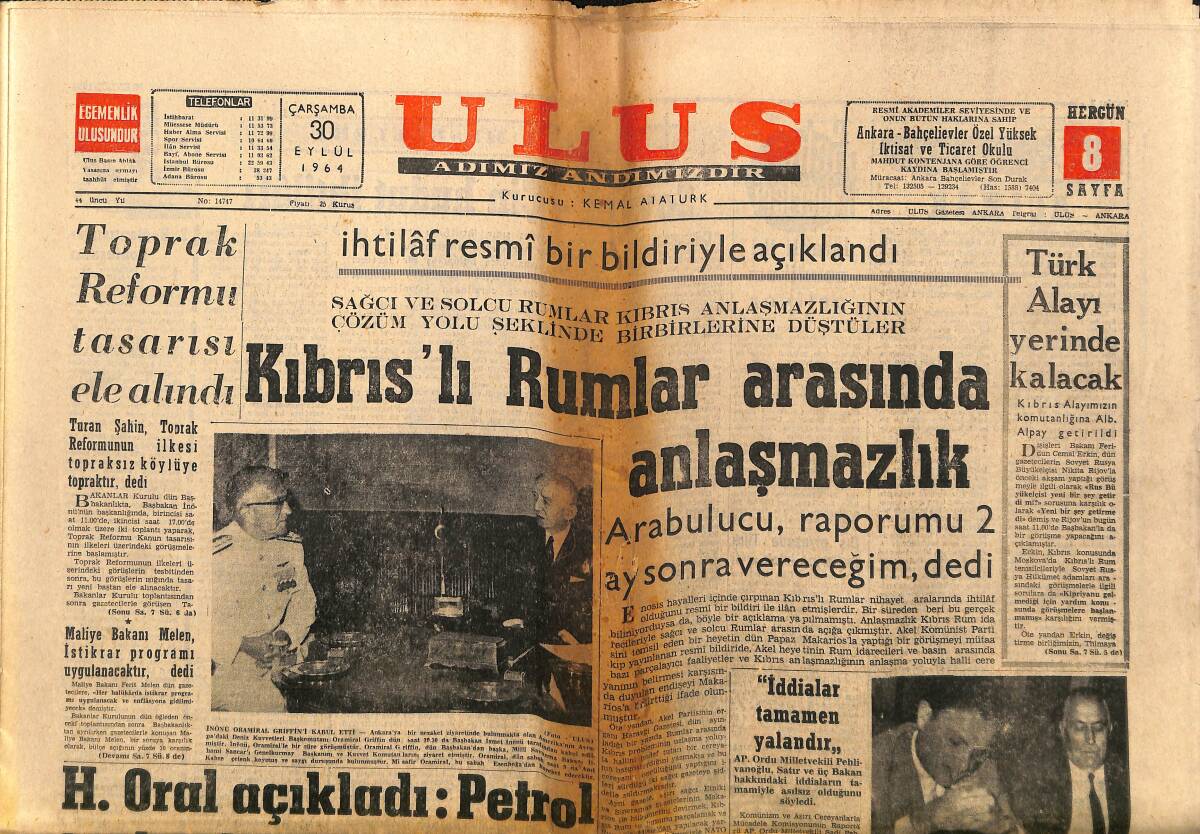Ulus Gazetesi 30 Eylül 1964 - Kıbrıs'lı Rumlar Arasında Anlaşmazlık - Ankara'nın Troleybüs Şebekesi Genişletilecek GZ150619 - 1