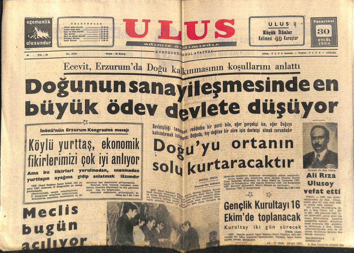 Ulus Gazetesi 30 Eylül 1968 - Ali Rıza Ulusoy Vefat Etti - Küba'da 18 CİA Ajanı Tutuklandı GZ152603 - 1