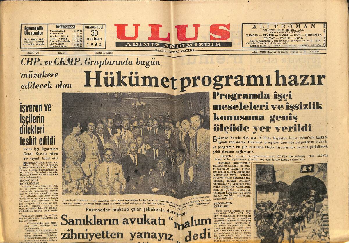 Ulus Gazetesi 30 Haziran 1962 - Hükümet Programlara Hazır - Gençlik Parkı Islah Edilecek GZ148468 - 1