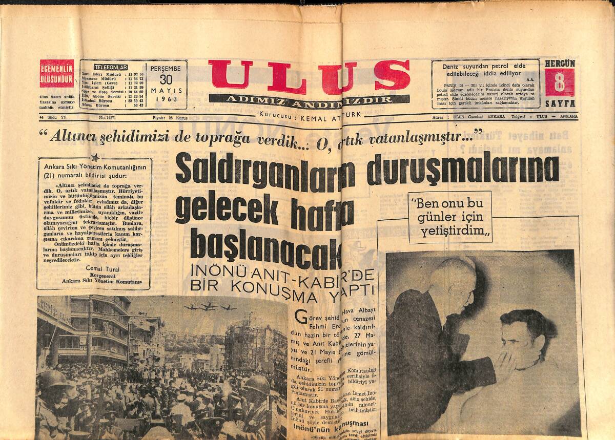 Ulus Gazetesi 30 Mayıs 1963 - İnönü Anıtkabir'de Bir Konuşma Yaptı - Patti Page, 40 Milyon Plakla Dünya Rekorunu Elinde Tutuyor GZ151470 - 1