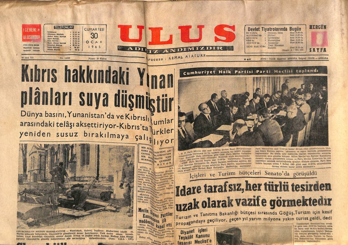 Ulus Gazetesi 30 Ocak 1965 - Kıbrıs Hakkındaki Yunan Planları Suya Düşmüştür - Keban İçin Toplantı GZ151599 - 1
