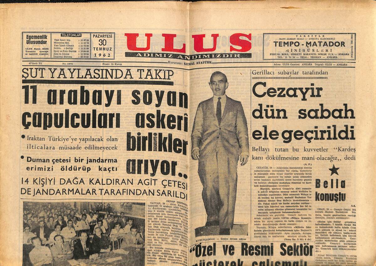 Ulus Gazetesi 30 Temmuz 1962 - Cezayir Dün Sabah Ele Geçirildi - Fenerbahçe Ve Galatasaray Yöneticileri Ergün İçin Görüşecek GZ148568 - 1