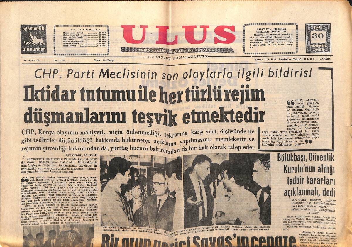 Ulus Gazetesi 30 Temmuz 1968 - İnönü'nün Hatıraları: Rauf Orbay Ve Kazım Karabekir İçin Yazılanlar - Ajda Pekkan Dördüncü Oldu GZ151476 - 1