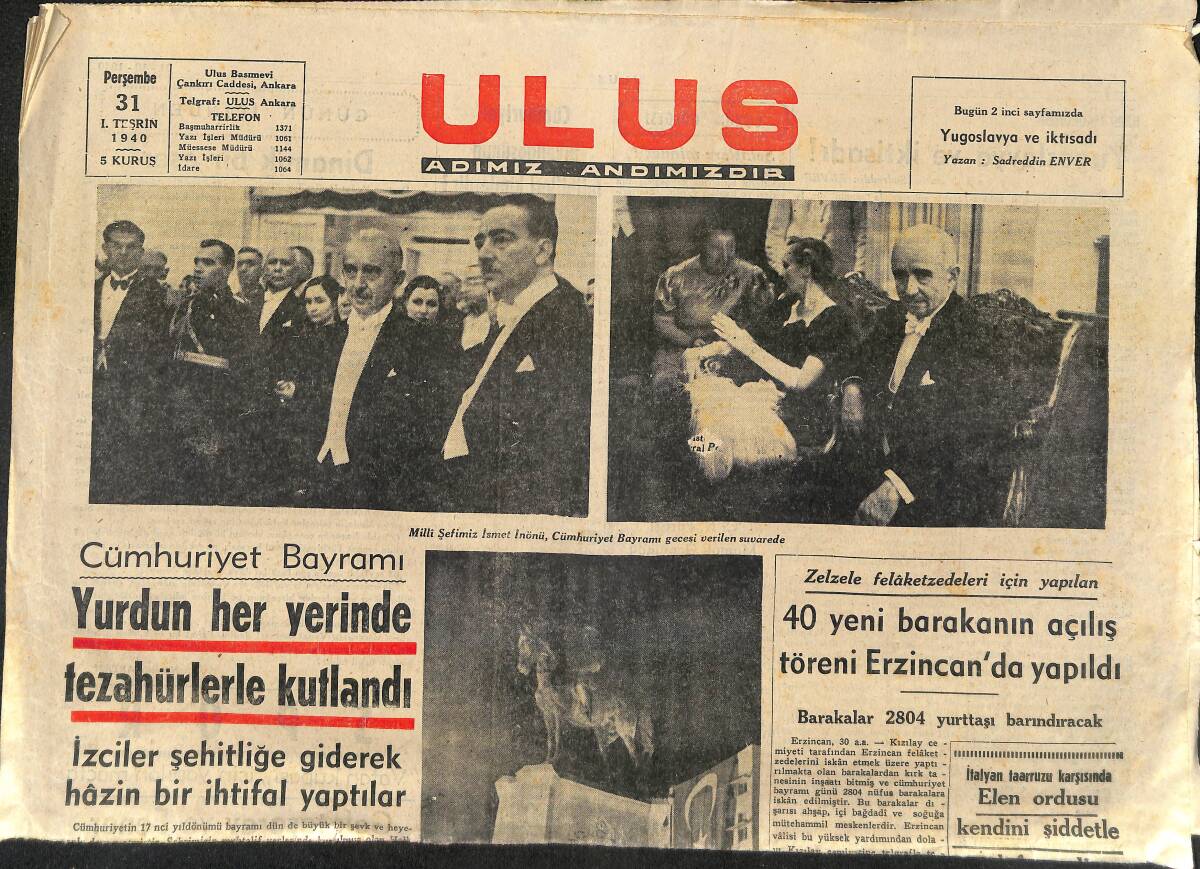 Ulus Gazetesi 31 Ekim 1940 - Cumhuriyet Bayramı Yurdun Her Yerinde Tezahürle Kutlandı GZ147654 - 1
