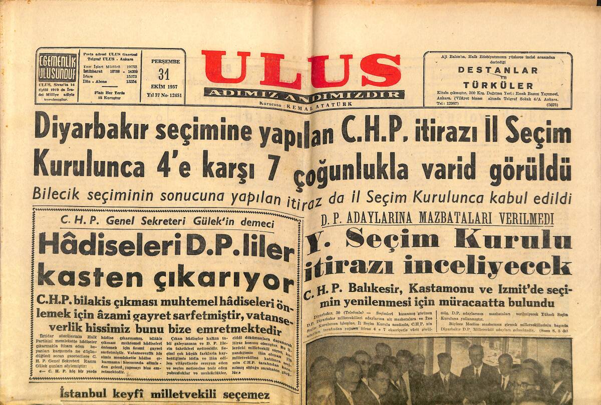 Ulus Gazetesi 31 Ekim 1957 - Bölükbaşı'nın Durumu Yarın Belli Olacak - Y. Seçim Kurulu İtirazı İnceliyecek GZ150686 - 1