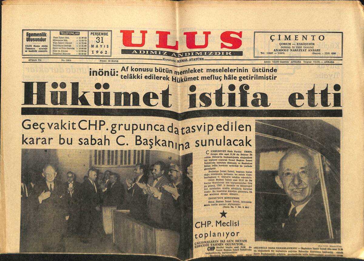 Ulus Gazetesi 31 Mayıs 1962 - Hükümet İstifa Etti - Amman'da 8 Türk Hacı Kazada Öldü GZ148652 - 1