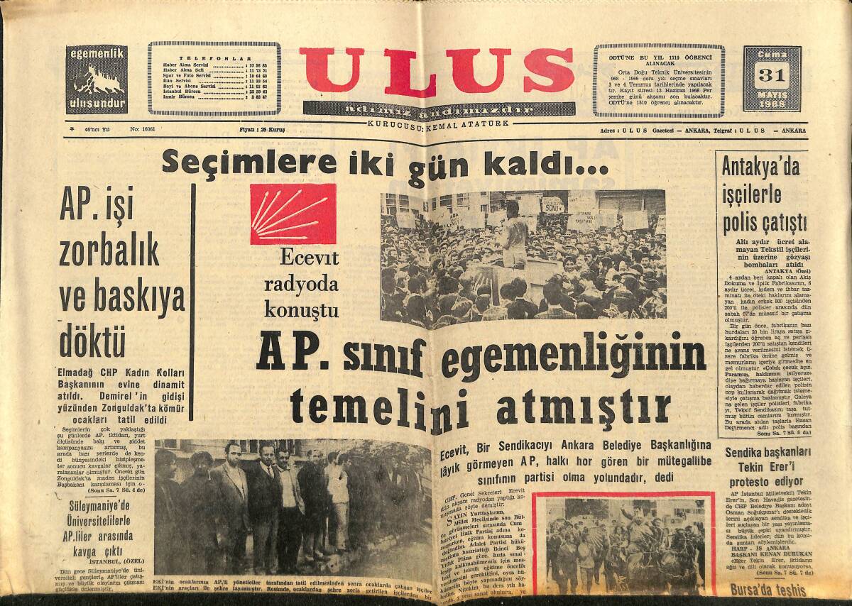 Ulus Gazetesi 31 Mayıs 1968 - De Gaulle İktidarda Kalmaya Kararlı - Et Sıkıntısı Başlayacak GZ148464 - 1