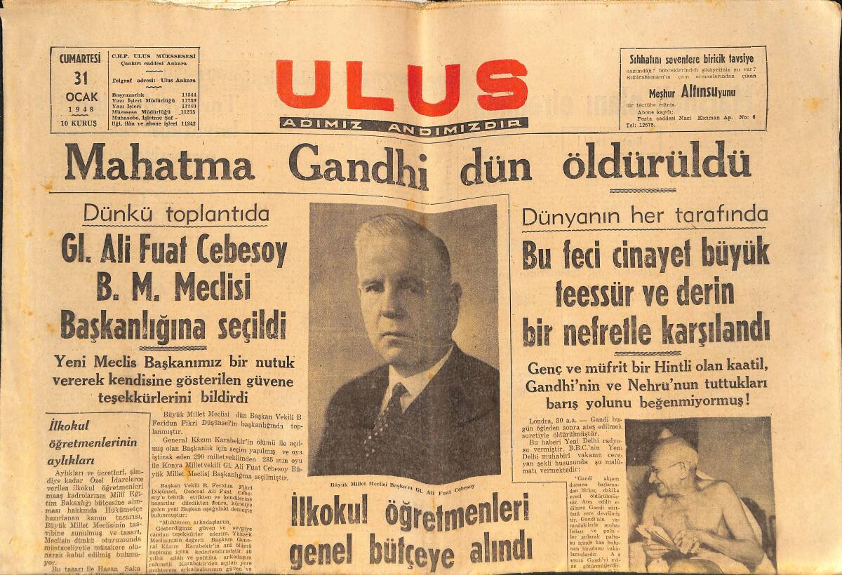 Ulus Gazetesi 31 Ocak 1948 - Mahatma Gandhi Dün Öldürüldü - GI. Ali Fuat Cebesoy B. M. Meclisi Başkanlığa Seçildi GZ146639 - 1