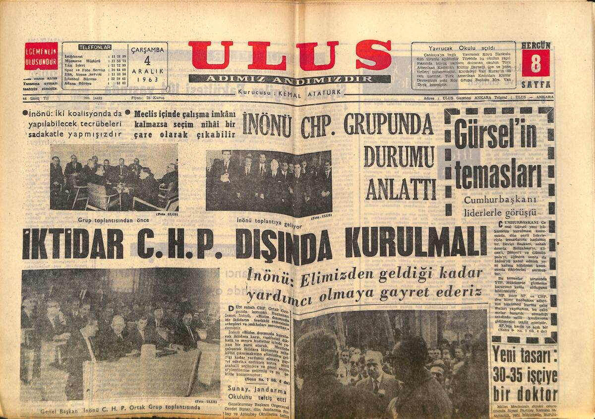 Ulus Gazetesi 4 Aralık 1963 - Sovyetler Kıtalararası Füze Denemesine Başladı - Bu Kadın Bir Zamanlar Erkekti: Coccinelle GZ150236 - 1